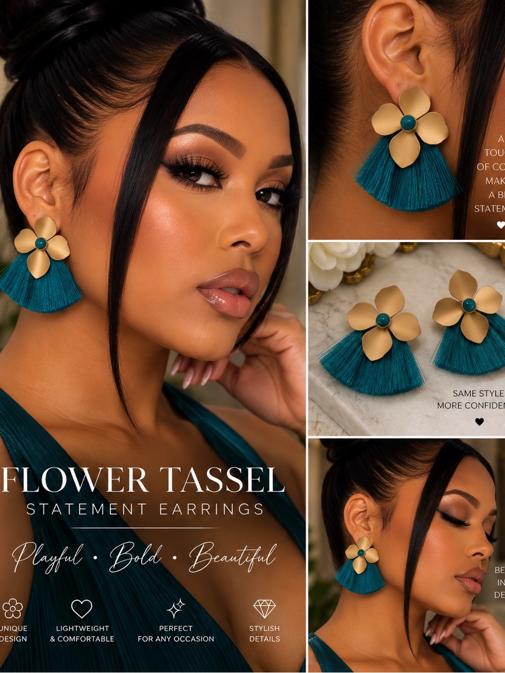 Gold Flower Earrings with Teal Tassels — Statement Women's Earrings